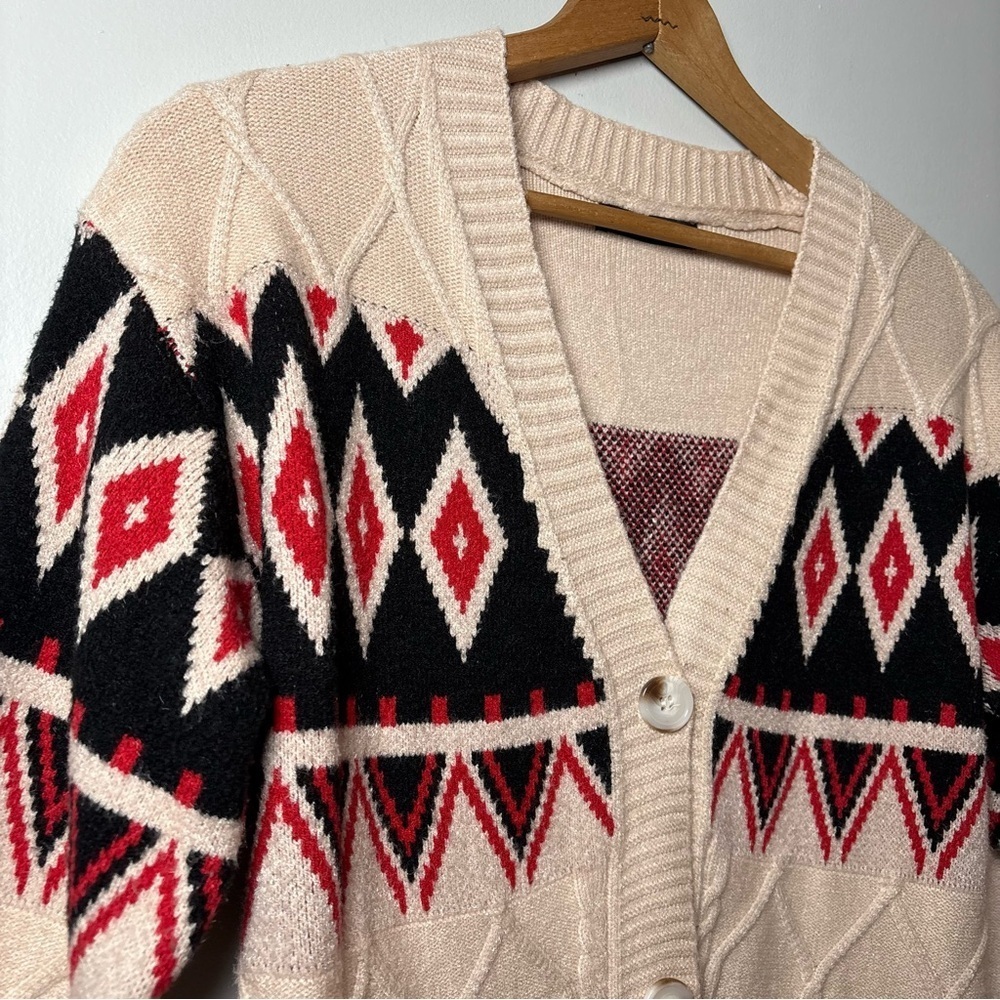 On Blue Fair Isle Cable Knit Geometric Pattern Cardigan Sweater Women’s Small - Picture 9 of 9
